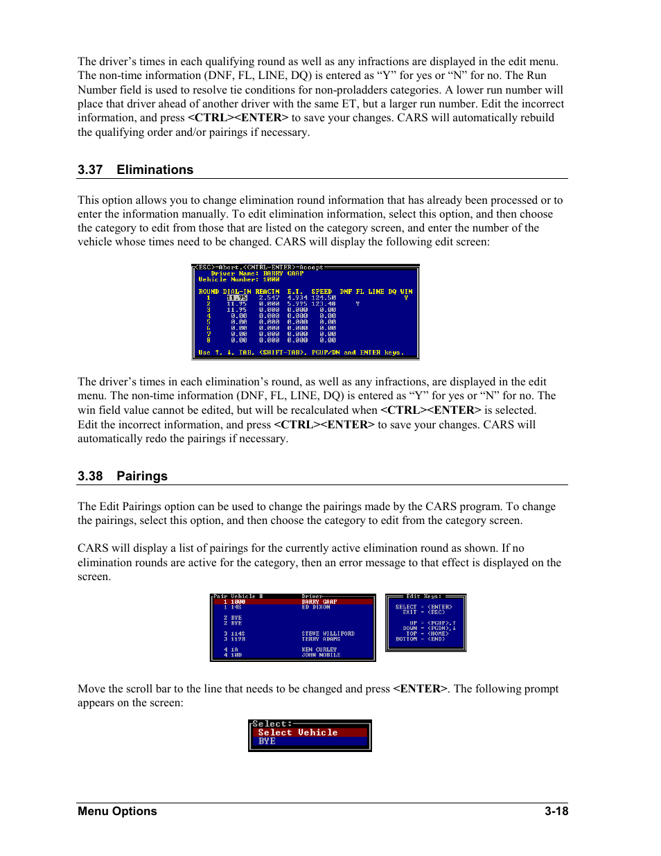 Eliminations, Pairings, Eliminations -18 | Pairings -18 | Daktronics CARS User Manual | Page 32 / 68