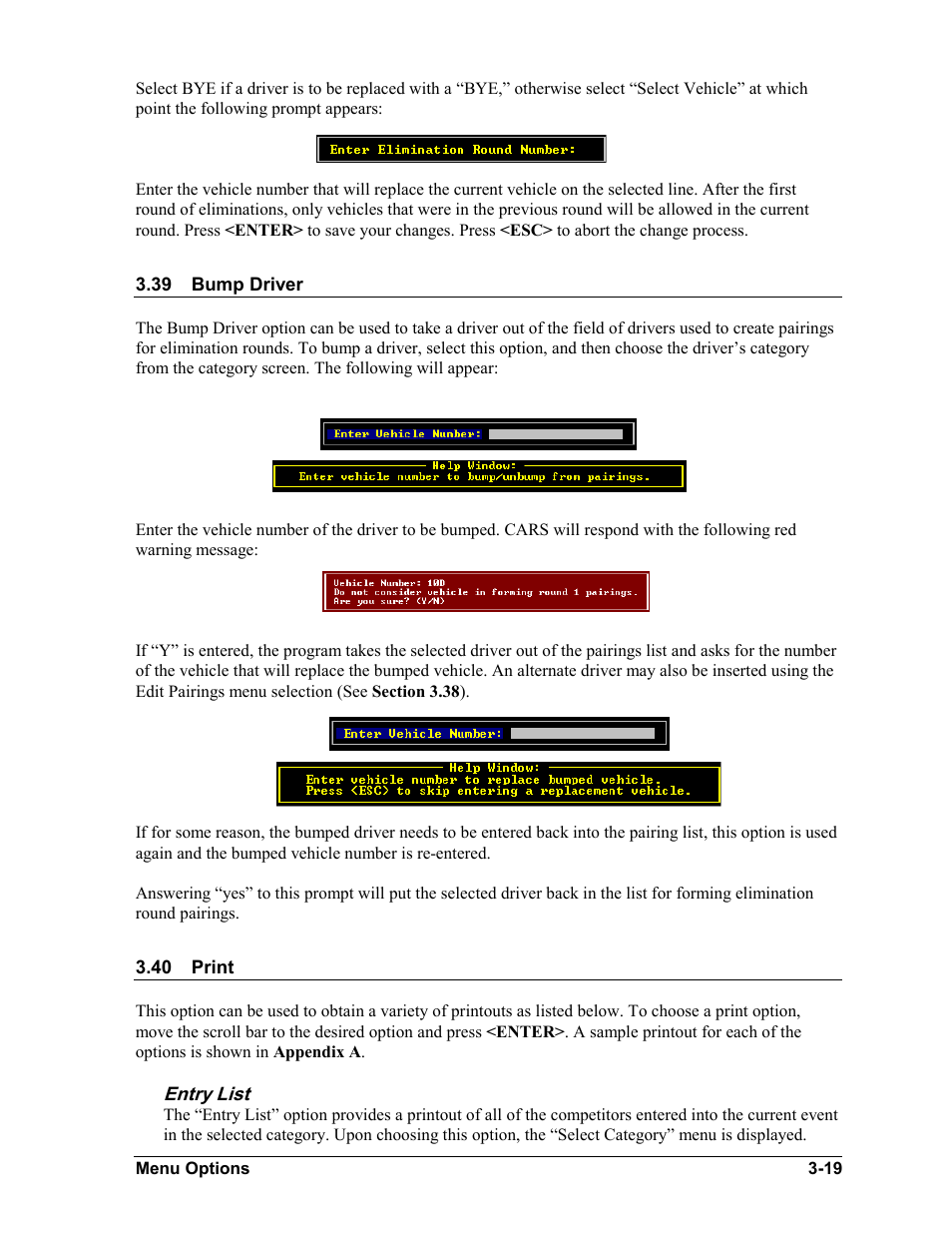 Bump driver, Print, Entry list | Bump driver -19, Print -19, Entry list -19 | Daktronics CARS User Manual | Page 33 / 68