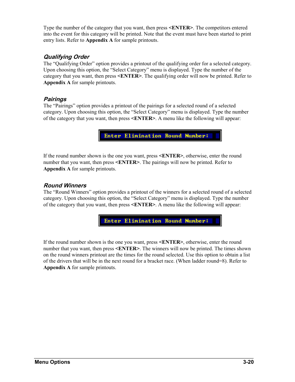 Qualifying order, Pairings, Round winners | Qualifying order -20, Pairings -20, Round winners -20 | Daktronics CARS User Manual | Page 34 / 68