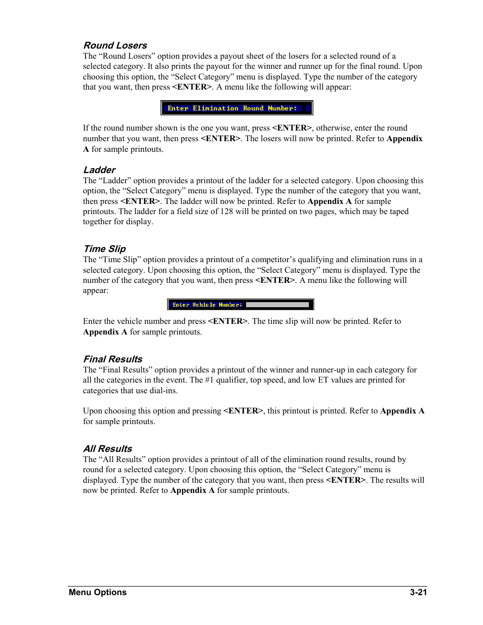 Round losers, Ladder, Time slip | Final results, All results, Round losers -21, Ladder -21, Time slip -21, Final results -21, All results -21 | Daktronics CARS User Manual | Page 35 / 68