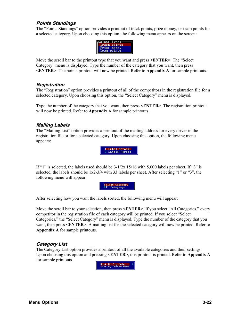 Points standings, Registration, Mailing labels | Category list, Points standings -22, Registration -22, Mailing labels -22, Category list -22 | Daktronics CARS User Manual | Page 36 / 68