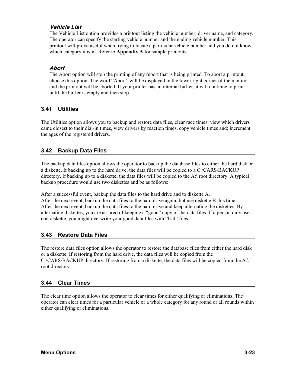 Vehicle list, Abort, Utilities | Backup data files, Restore data files, Clear times, Vehicle list -23, Abort -23, Utilities -23, Backup data files -23 | Daktronics CARS User Manual | Page 37 / 68