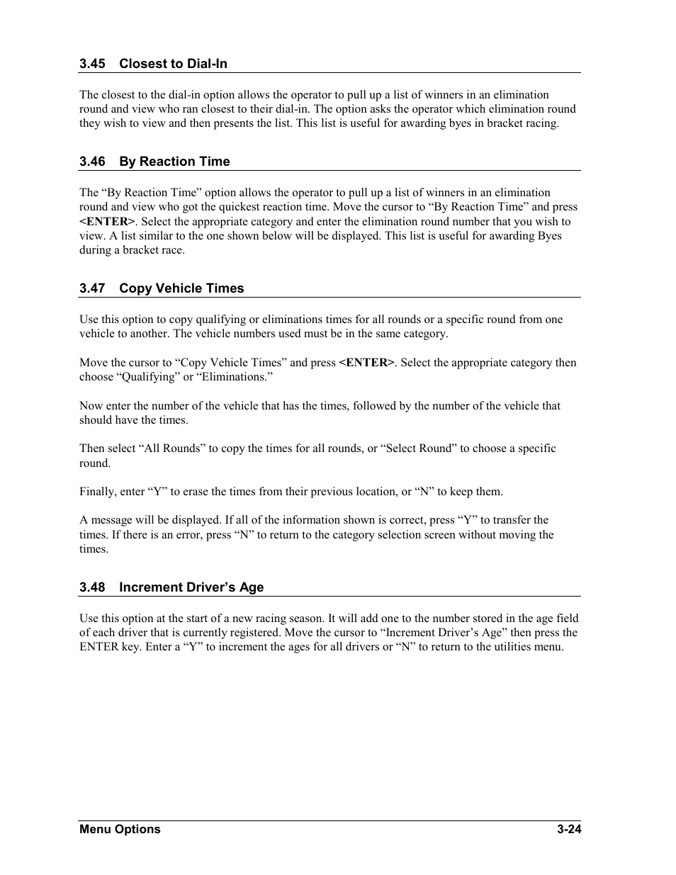 Closest to dial-in, By reaction time, Copy vehicle times | Increment driver’s age, Closest to dial-in -24, By reaction time -24, Copy vehicle times -24, Increment driver’s age -24 | Daktronics CARS User Manual | Page 38 / 68