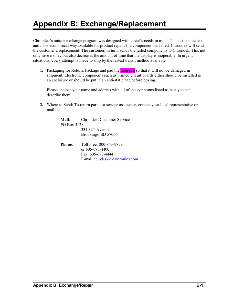 Appendix b: exchange/replacement | Daktronics CARS User Manual | Page 53 / 68