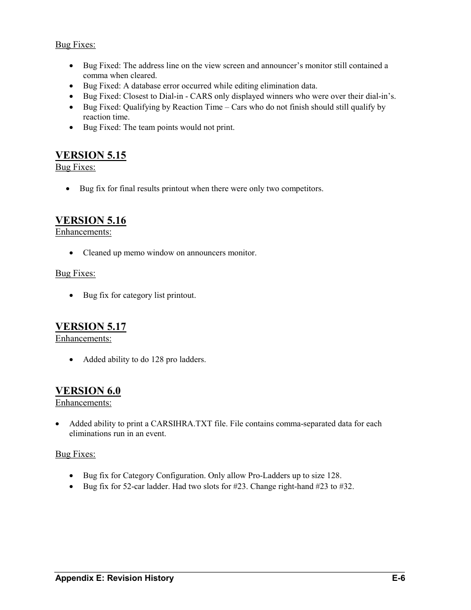 Version 5.15, Version 5.16, Version 5.17 | Version 6.0 | Daktronics CARS User Manual | Page 68 / 68