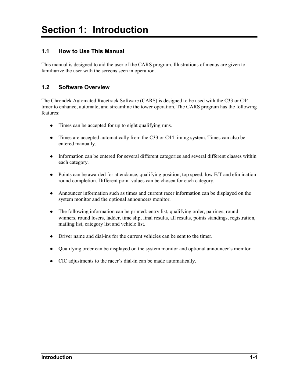 Introduction, How to use this manual, Software overview | Section 1, Introduction -1, How to use this manual -1, Software overview -1 | Daktronics CARS User Manual | Page 7 / 68