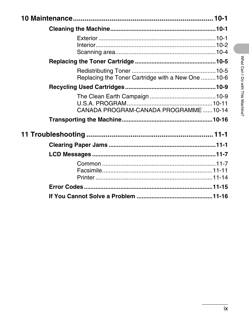 10 maintenance -1, 11 troubleshooting -1 | Canon IMAGECLASS MF3200 User Manual | Page 10 / 161