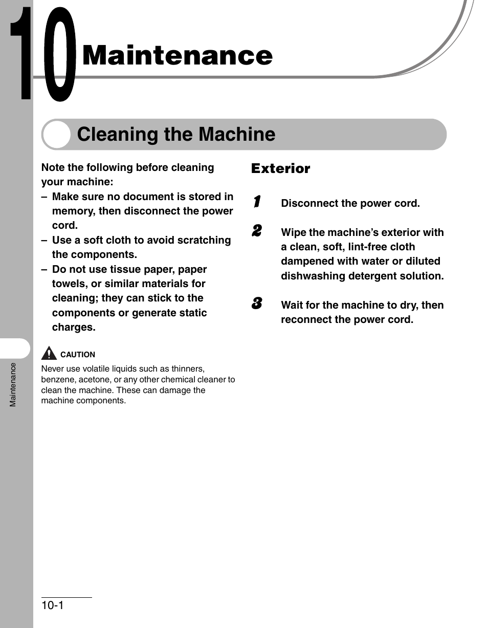 Maintenance, Cleaning the machine, Exterior | 10 maintenance -1, Cleaning the machine -1, Exterior -1 | Canon IMAGECLASS MF3200 User Manual | Page 107 / 161