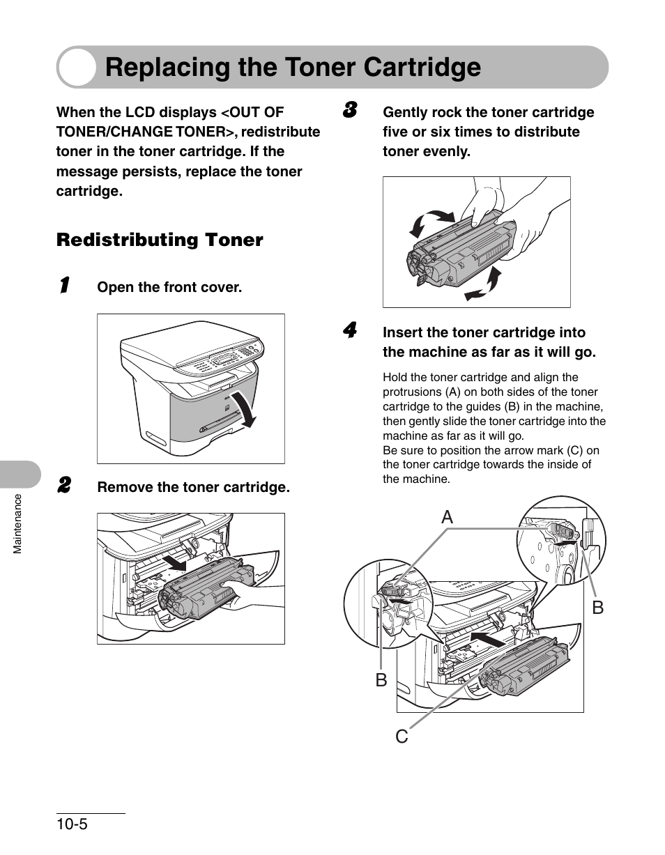 Replacing the toner cartridge, Redistributing toner, Replacing the toner cartridge -5 | Redistributing toner -5 | Canon IMAGECLASS MF3200 User Manual | Page 111 / 161