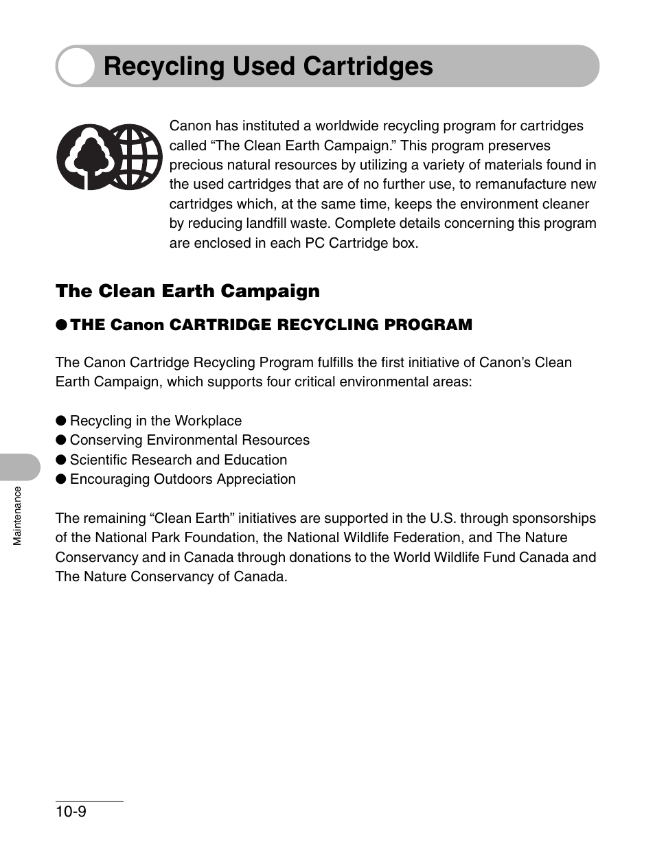 Recycling used cartridges, The clean earth campaign, Recycling used cartridges -9 | The clean earth campaign -9 | Canon IMAGECLASS MF3200 User Manual | Page 115 / 161