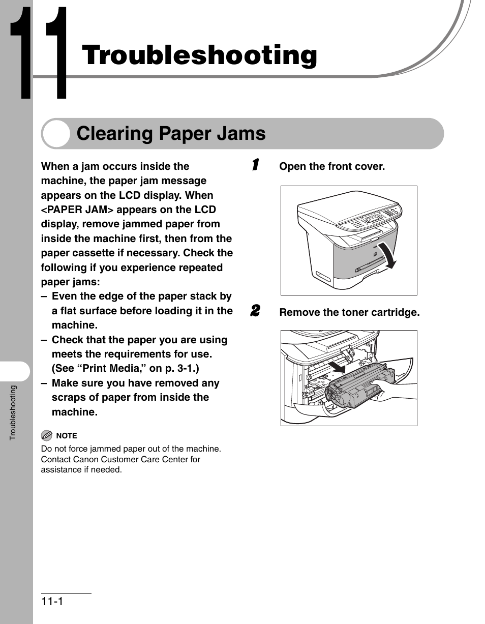 Troubleshooting, Clearing paper jams, 11 troubleshooting -1 | Clearing paper jams -1 | Canon IMAGECLASS MF3200 User Manual | Page 125 / 161