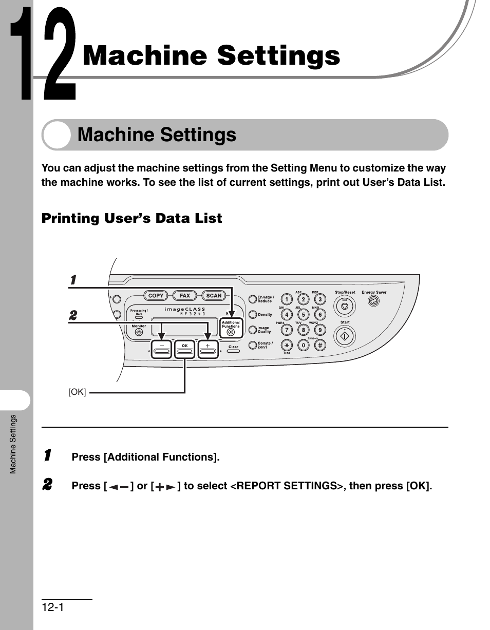 Machine settings, Printing user’s data list, 12 machine settings -1 | Machine settings -1, Printing user’s data list -1 | Canon IMAGECLASS MF3200 User Manual | Page 141 / 161