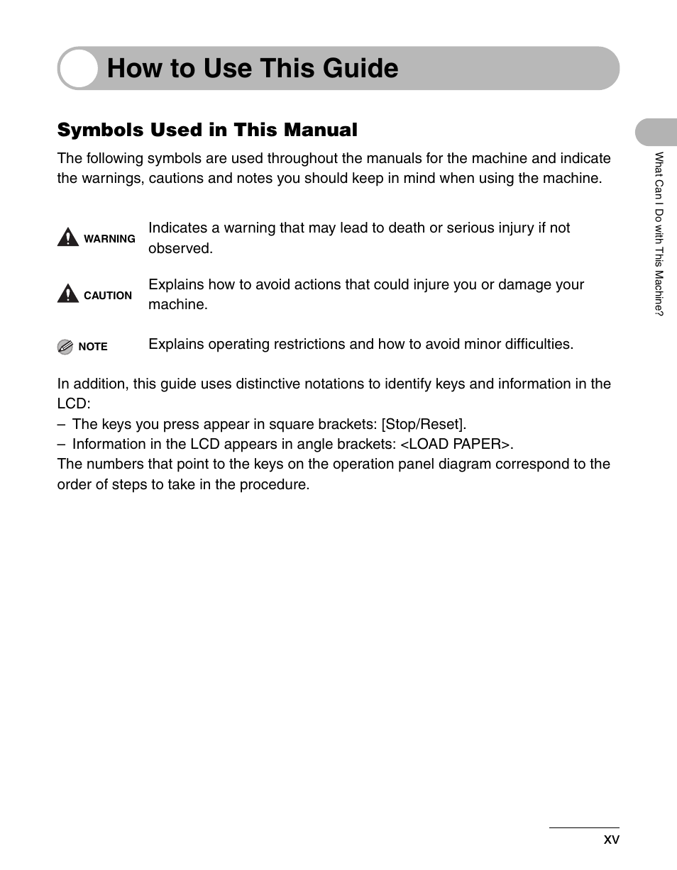 How to use this guide, Symbols used in this manual | Canon IMAGECLASS MF3200 User Manual | Page 16 / 161