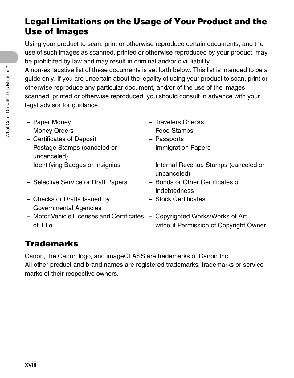 Trademarks | Canon IMAGECLASS MF3200 User Manual | Page 19 / 161