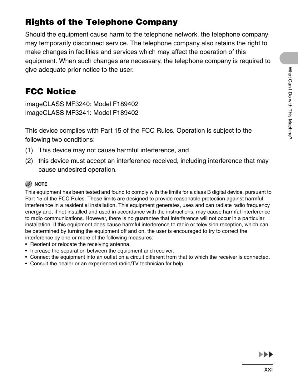 Rights of the telephone company, Fcc notice | Canon IMAGECLASS MF3200 User Manual | Page 22 / 161