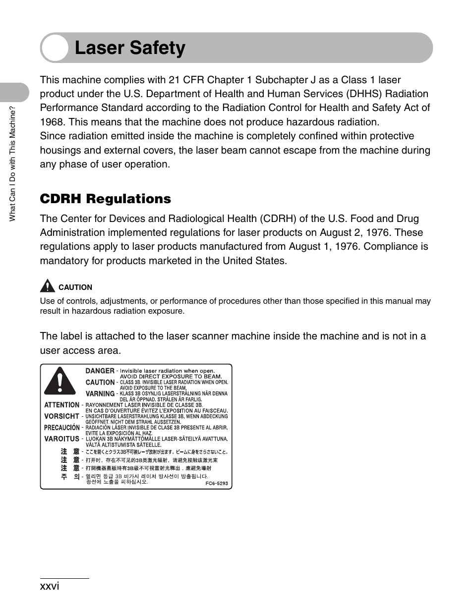 Laser safety, Cdrh regulations | Canon IMAGECLASS MF3200 User Manual | Page 27 / 161