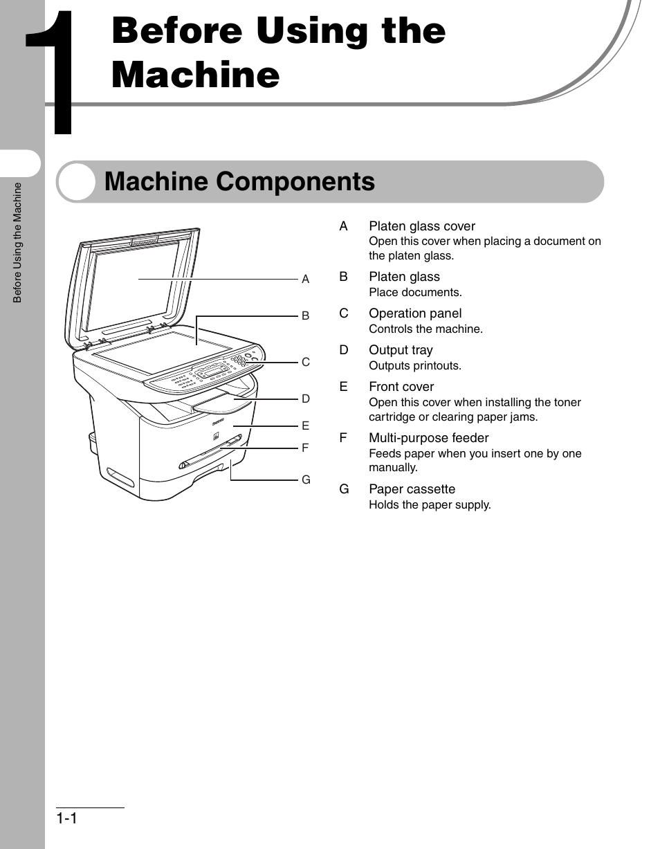 Before using the machine, Machine components, 1 before using the machine -1 | Machine components -1 | Canon IMAGECLASS MF3200 User Manual | Page 29 / 161