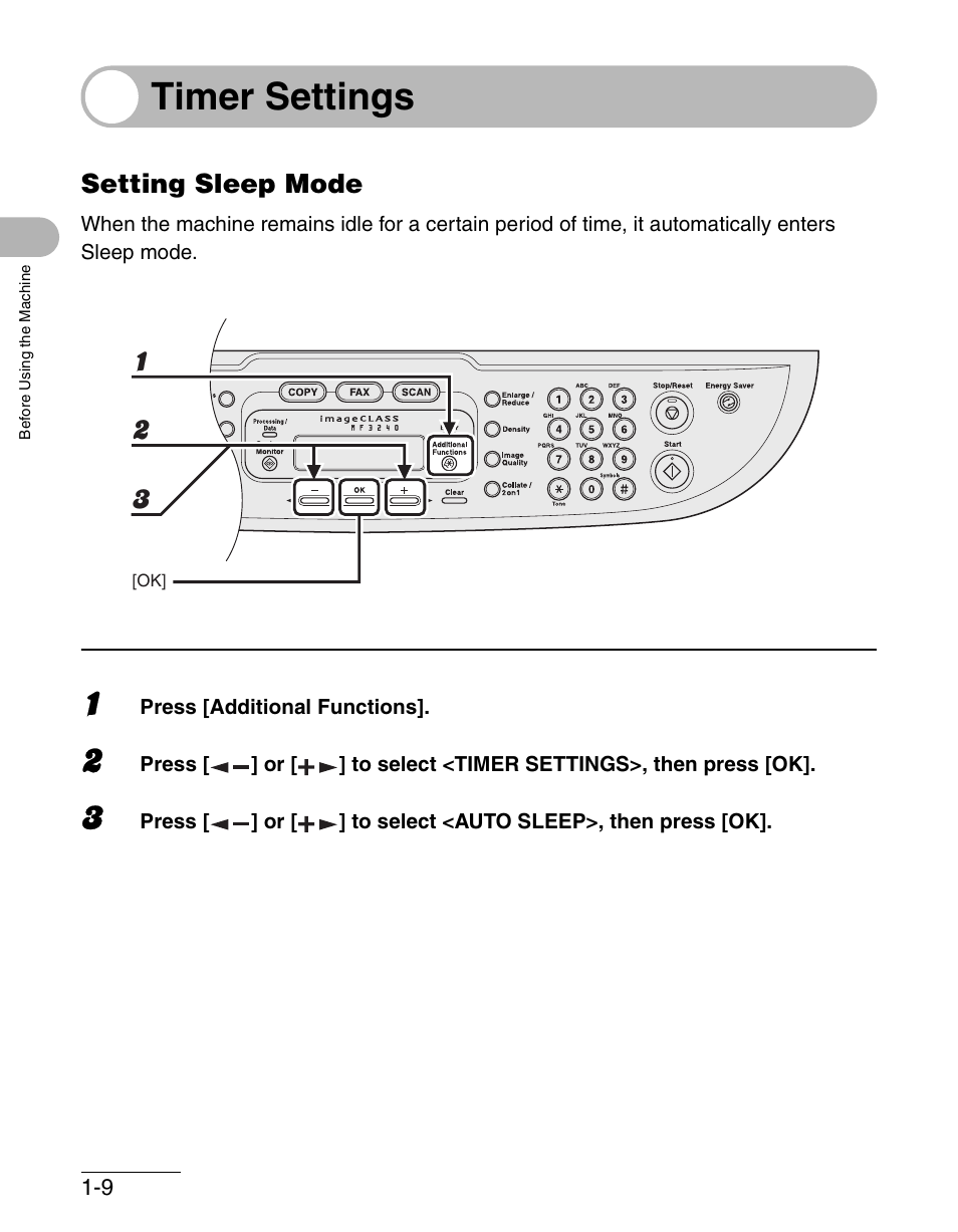 Timer settings, Setting sleep mode, Timer settings -9 | Setting sleep mode -9 | Canon IMAGECLASS MF3200 User Manual | Page 37 / 161