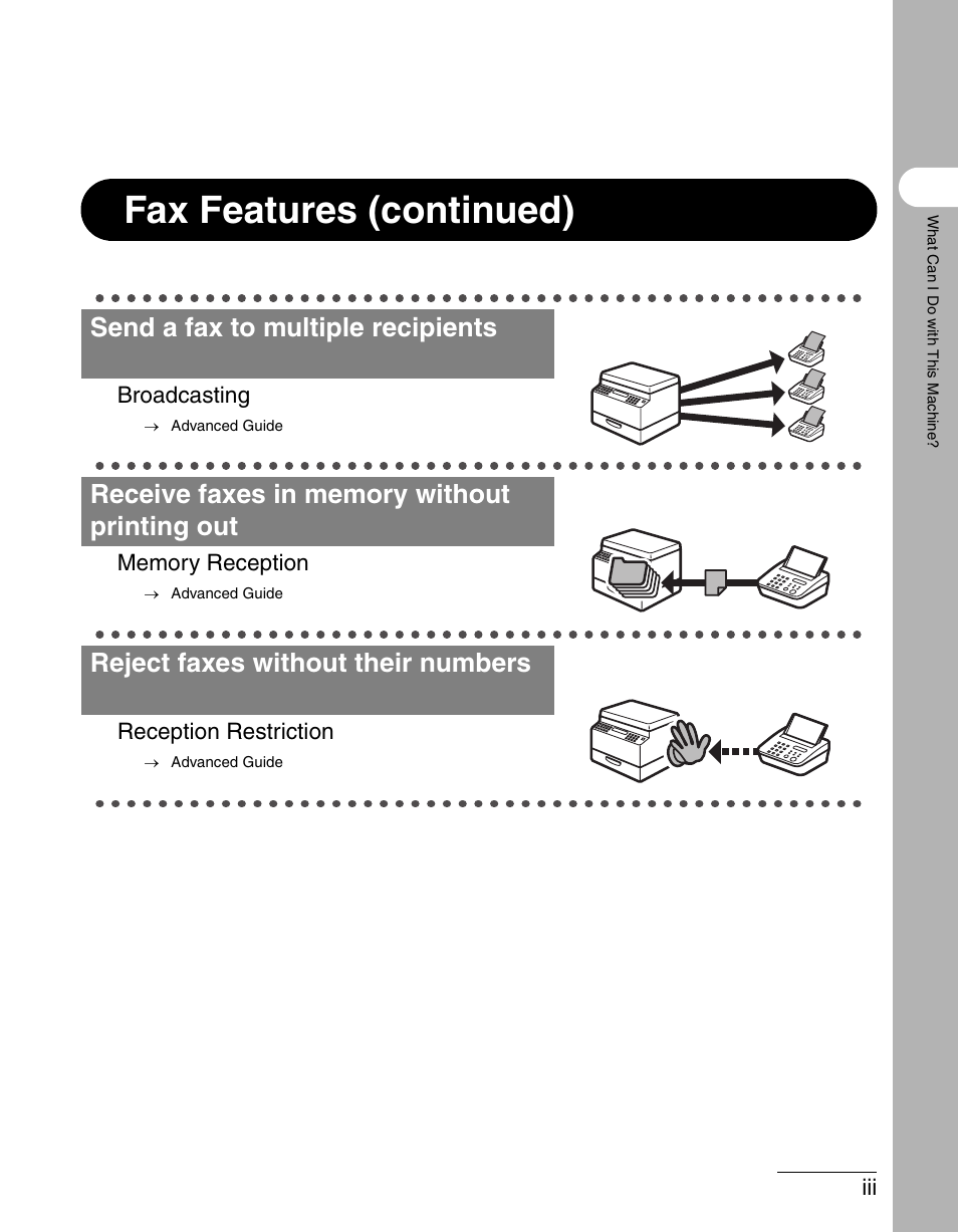 Fax features (continued), Send a fax to multiple recipients, Reject faxes without their numbers | Canon IMAGECLASS MF3200 User Manual | Page 4 / 161