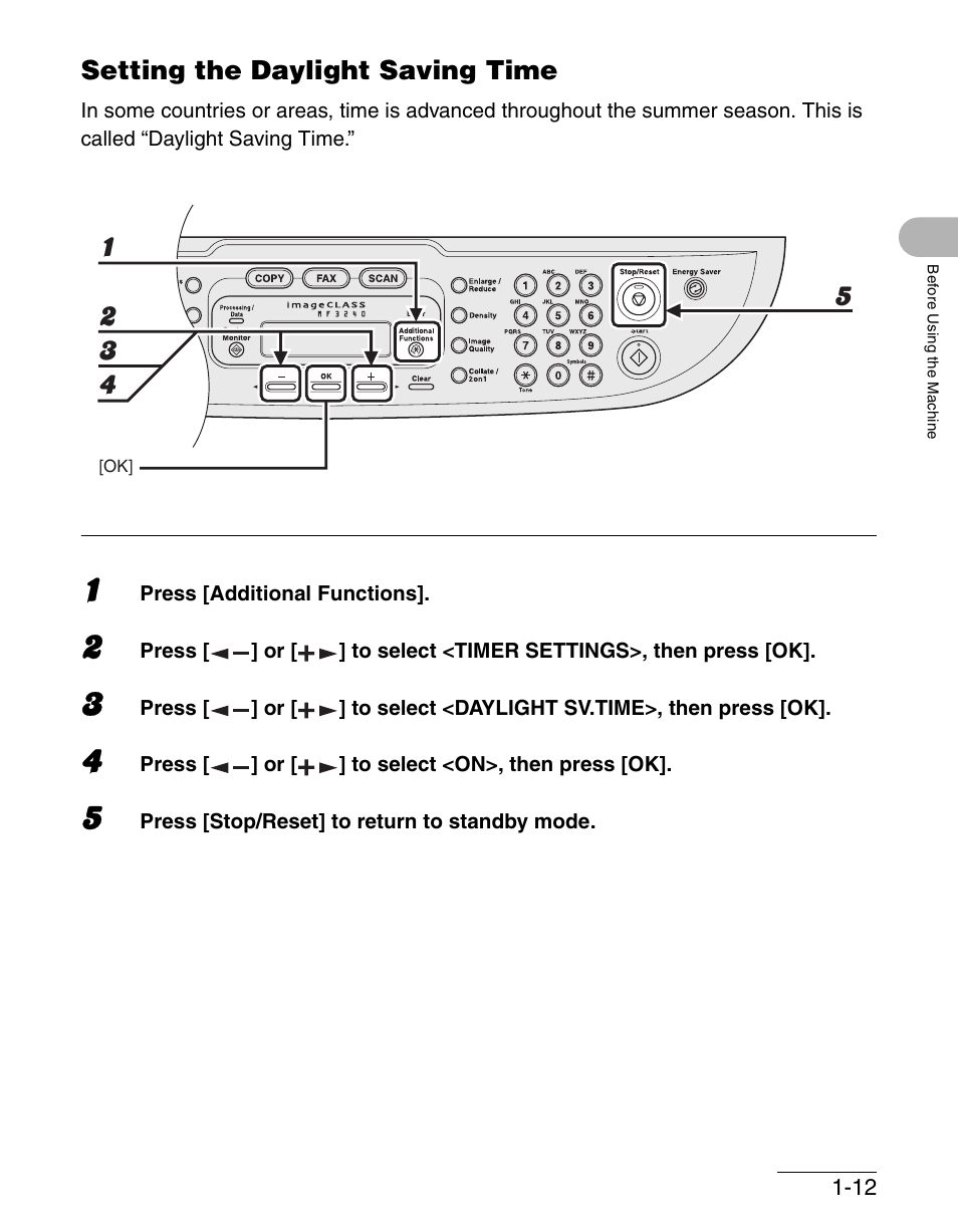Setting the daylight saving time, Setting the daylight saving time -12 | Canon IMAGECLASS MF3200 User Manual | Page 40 / 161