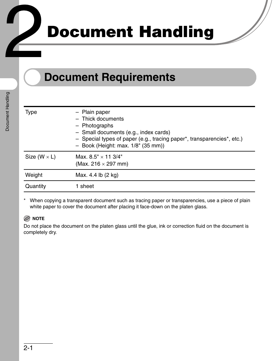 Document handling, Document requirements, 2 document handling -1 | Document requirements -1 | Canon IMAGECLASS MF3200 User Manual | Page 41 / 161
