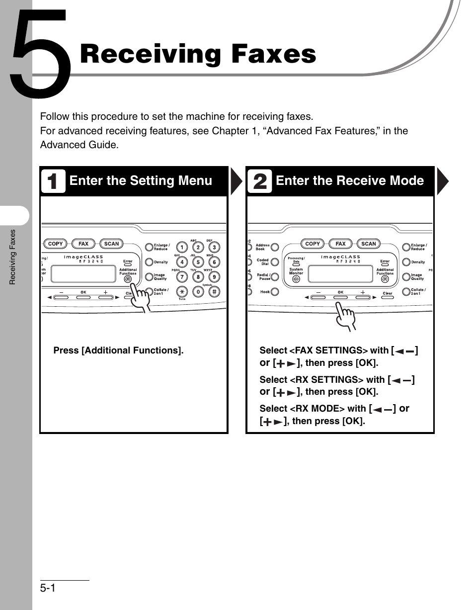 Receiving faxes, 5 receiving faxes -1, Enter the setting menu enter the receive mode | Canon IMAGECLASS MF3200 User Manual | Page 91 / 161