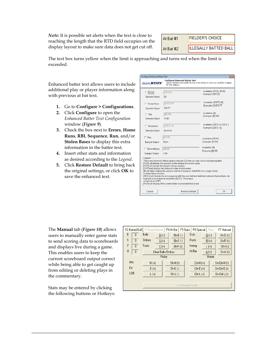 Enhanced batter text, 2 manual rtd output control, Manual mode | Manual rtd output control | Daktronics DakStats Baseball Software User Manual | Page 10 / 31