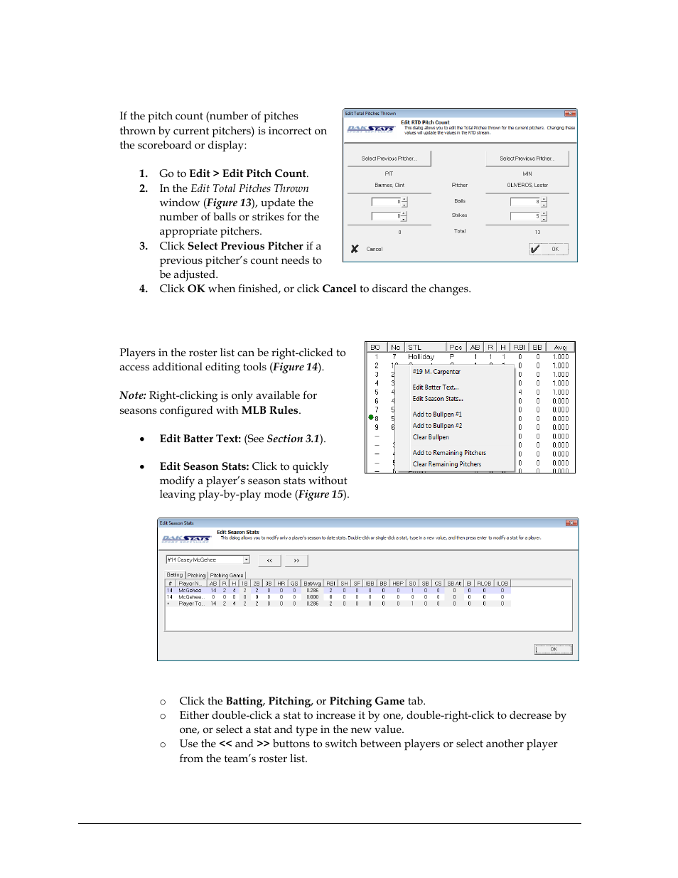 3 editing the pitch count, 4 right-click menu, Editing the pitch count | Right-click menu | Daktronics DakStats Baseball Software User Manual | Page 12 / 31