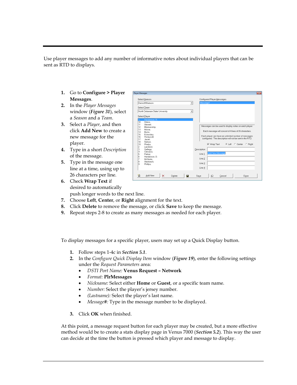 Section 6: player messages, 1 creating player messages, 2 displaying player messages | Section 6, Player messages, Creating player messages, Displaying player messages | Daktronics DakStats Baseball Software User Manual | Page 23 / 31