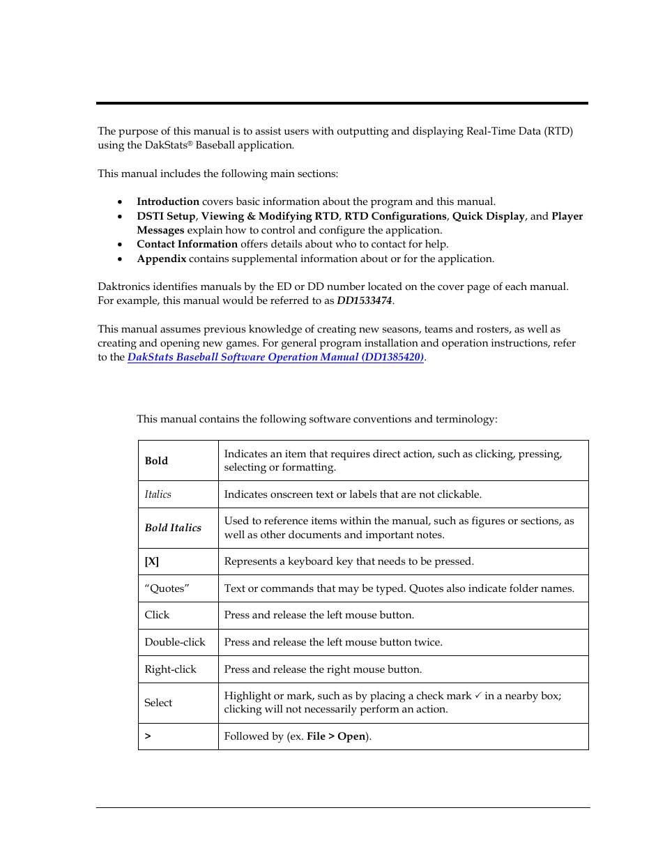 Section 1: introduction, 1 software conventions, Section 1 | Introduction, Software conventions | Daktronics DakStats Baseball Software User Manual | Page 5 / 31