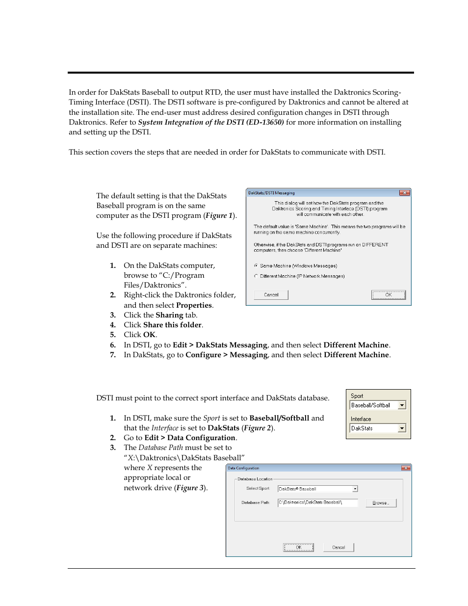 Section 2: dsti setup, 1 dakstats/dsti messaging, 2 selecting dakstats interface and database | Section 2, Dsti setup, Dakstats/dsti messaging, Selecting dakstats interface and database | Daktronics DakStats Baseball Software User Manual | Page 7 / 31