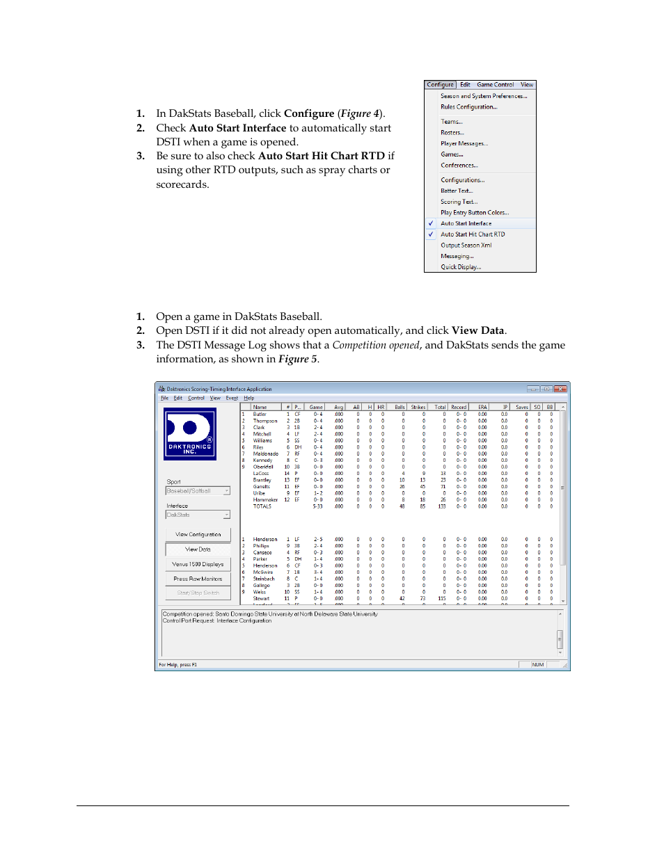 3 auto start options, 4 testing dakstats/dsti communication, Auto start options | Testing dakstats/dsti communication | Daktronics DakStats Baseball Software User Manual | Page 8 / 31