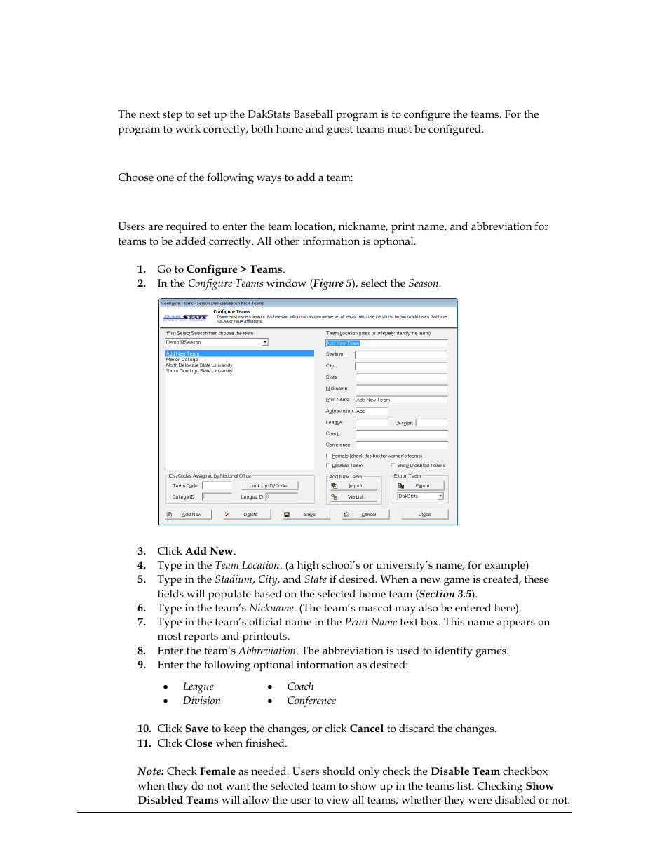 3 configure teams, Adding a team, To manually add a new team | Configure teams, N 3.3 ) | Daktronics DakStats Baseball Software User Manual | Page 14 / 73