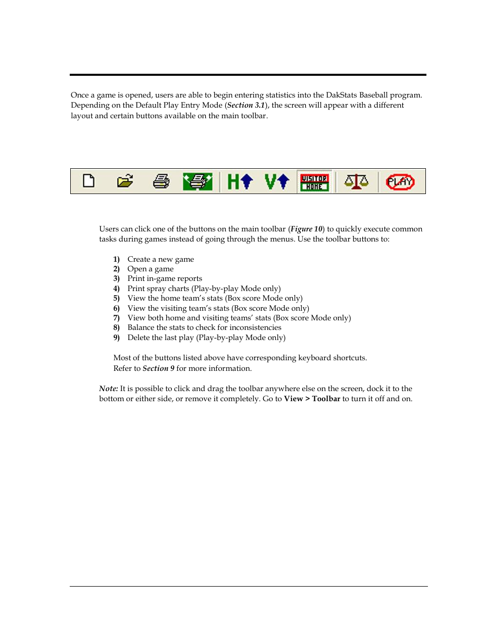 Section 5: in game operations, 1 main toolbar, Section 5 | In game operations, Main toolbar | Daktronics DakStats Baseball Software User Manual | Page 21 / 73