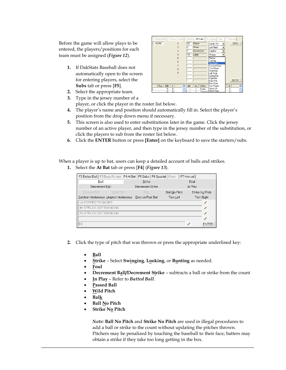 Starters/subs, At bat | Daktronics DakStats Baseball Software User Manual | Page 23 / 73