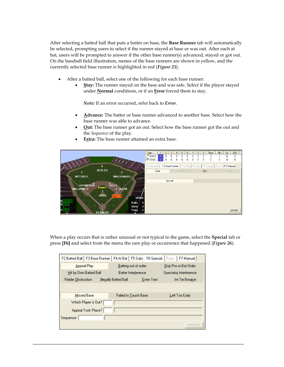Base runner, Special plays/occurrences | Daktronics DakStats Baseball Software User Manual | Page 28 / 73
