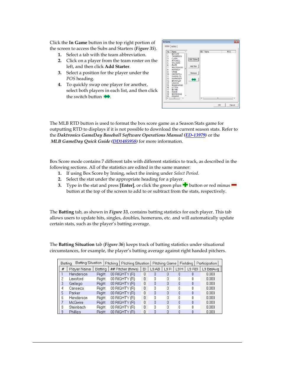 Starters/subs, Mlb rtd, Statistic tabs | Batting tab, Batting situation tab | Daktronics DakStats Baseball Software User Manual | Page 34 / 73