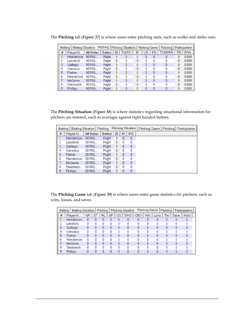 Pitching tab, Pitching situation tab, Pitching game tab | Daktronics DakStats Baseball Software User Manual | Page 35 / 73