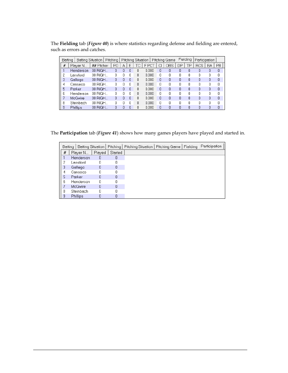 Fielding tab, Participation tab | Daktronics DakStats Baseball Software User Manual | Page 36 / 73