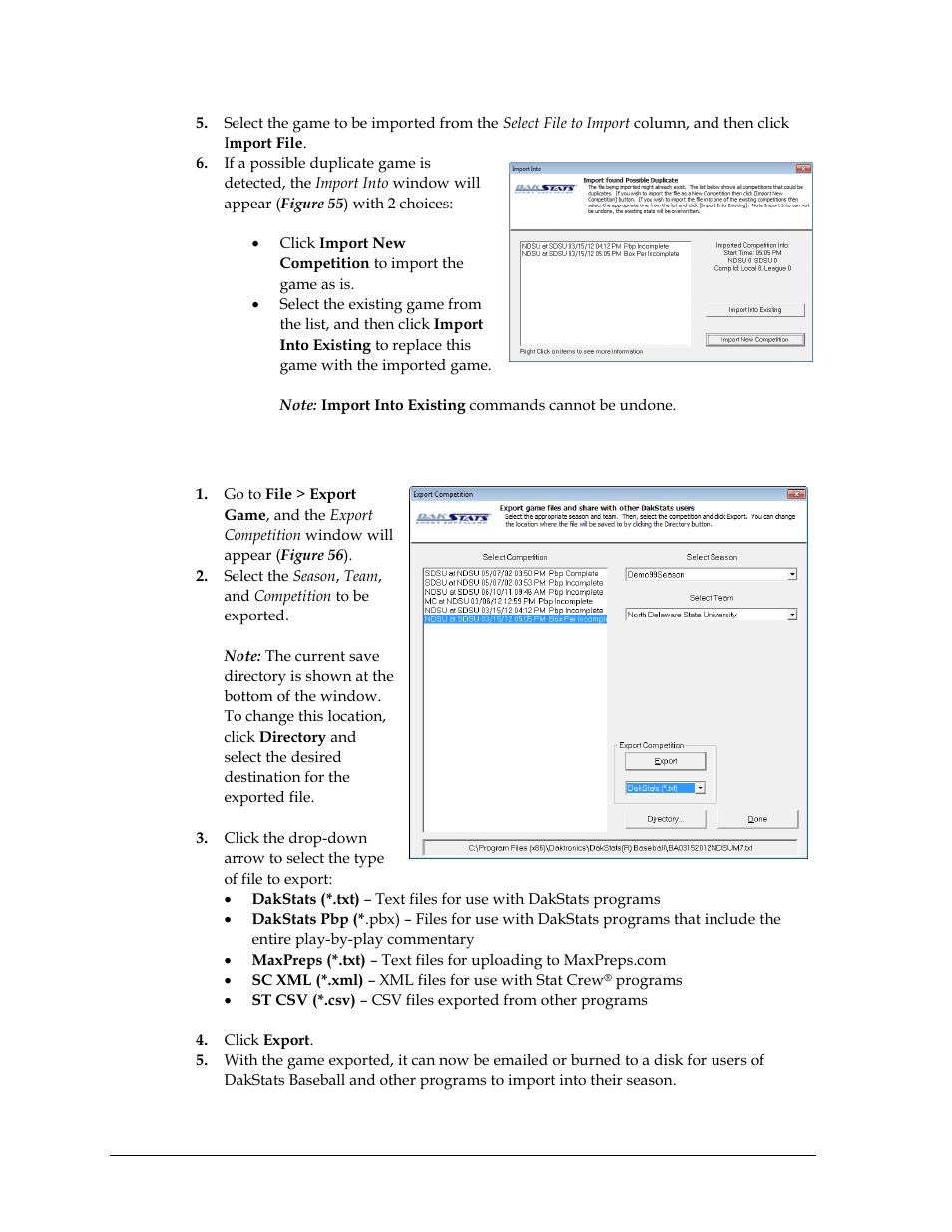 2 exporting games, Exporting games | Daktronics DakStats Baseball Software User Manual | Page 44 / 73