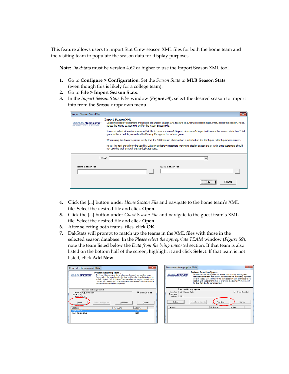 4 importing stat crew xml seasons, Importing stat crew xml seasons | Daktronics DakStats Baseball Software User Manual | Page 46 / 73