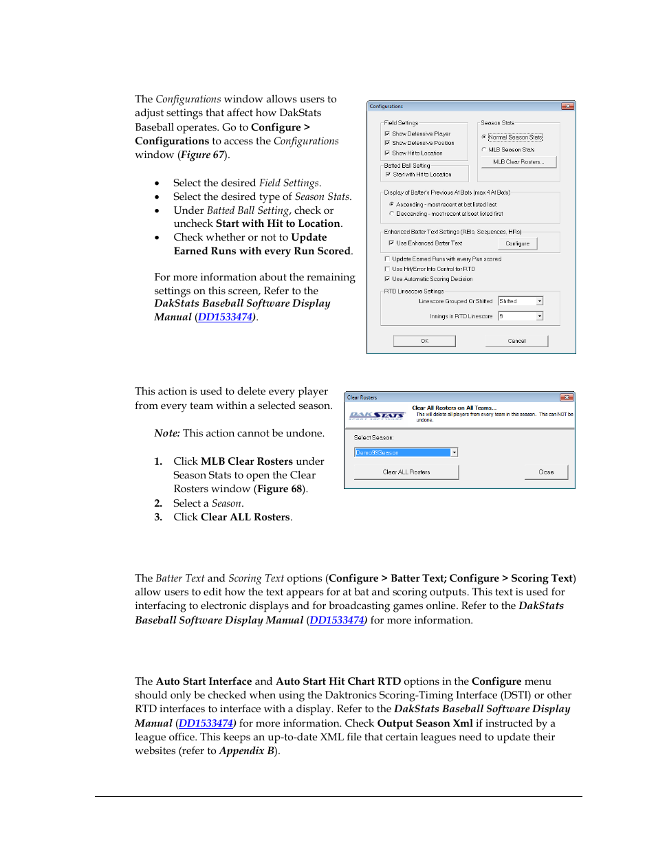 Configurations, Mlb clear rosters, 4 batter & scoring text | 5 auto start options, Batter & scoring text, Auto start options | Daktronics DakStats Baseball Software User Manual | Page 53 / 73
