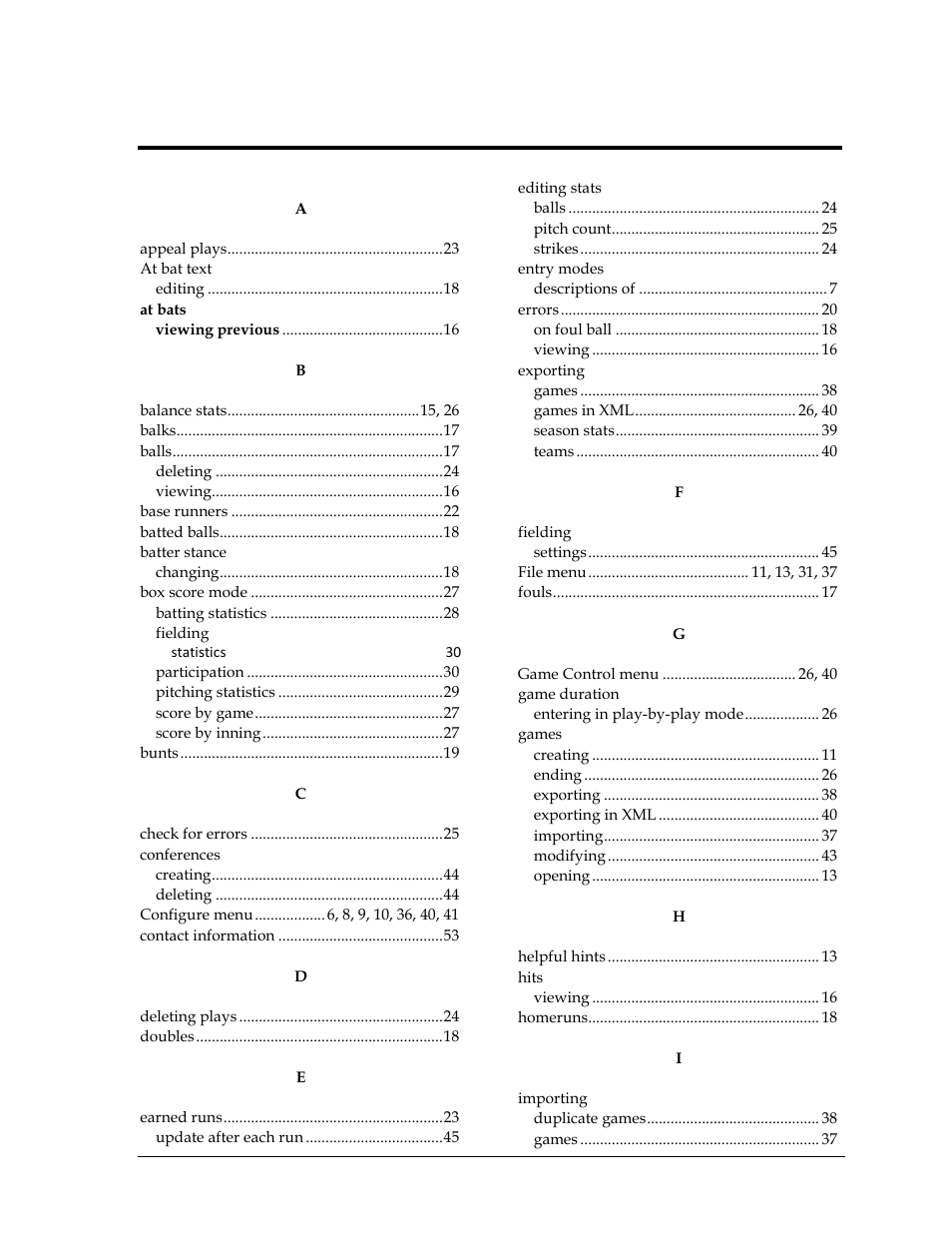 Index | Daktronics DakStats Baseball Software User Manual | Page 63 / 73
