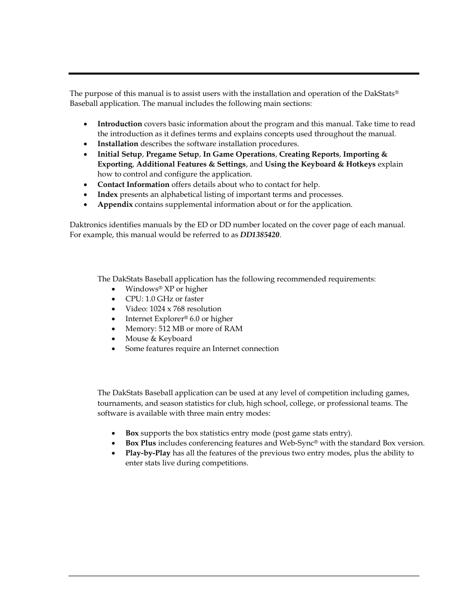 Section 1: introduction, 1 system requirements, 2 levels of play | Section 1, Introduction, System requirements, Levels of play | Daktronics DakStats Baseball Software User Manual | Page 7 / 73