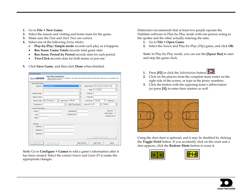Creating games, Play-by-play entry, Entering starters | Using the shot chart, Dakstats basketball quick start guide, 2 of 9 | Daktronics DakStats Basketball Quick Start Guide User Manual | Page 2 / 9