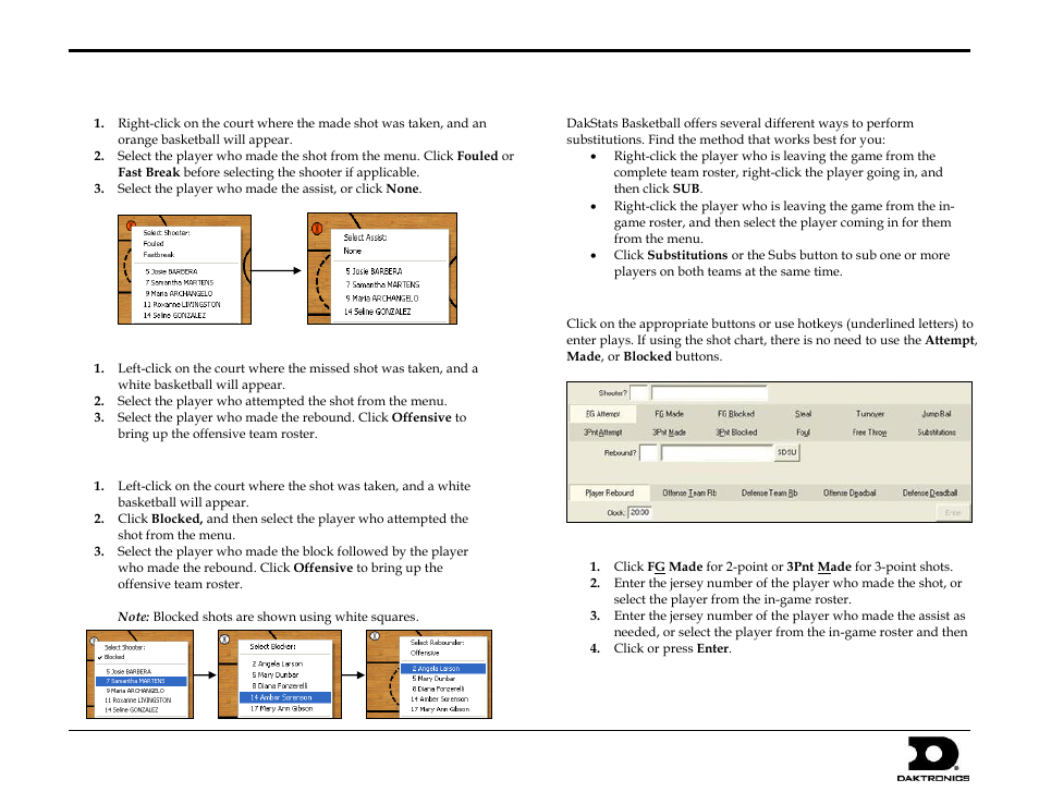 Shots made, Shots attempted, Shots blocked | Substitutions, Using play entry buttons, Dakstats basketball quick start guide, 3 of 9 | Daktronics DakStats Basketball Quick Start Guide User Manual | Page 3 / 9