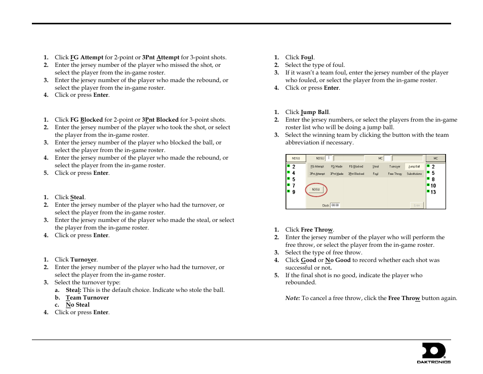 Shot attempts, Blocked shots, Steals | Turnovers, Fouls, Jump balls, Free throw, Dakstats basketball quick start guide, 4 of 9 | Daktronics DakStats Basketball Quick Start Guide User Manual | Page 4 / 9