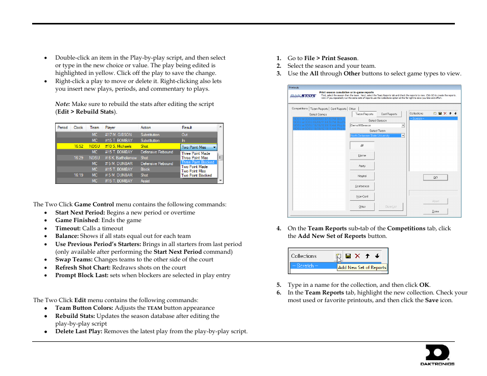 Editing the play-by-play script, Game control, Edit | Printing season stats, Dakstats basketball quick start guide, 7 of 9 | Daktronics DakStats Basketball Quick Start Guide User Manual | Page 7 / 9