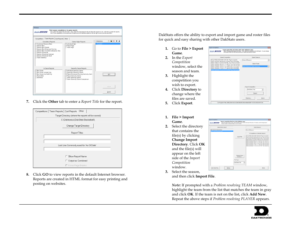 Exporting game files, Importing game files, Dakstats basketball quick start guide | 8 of 9 | Daktronics DakStats Basketball Quick Start Guide User Manual | Page 8 / 9
