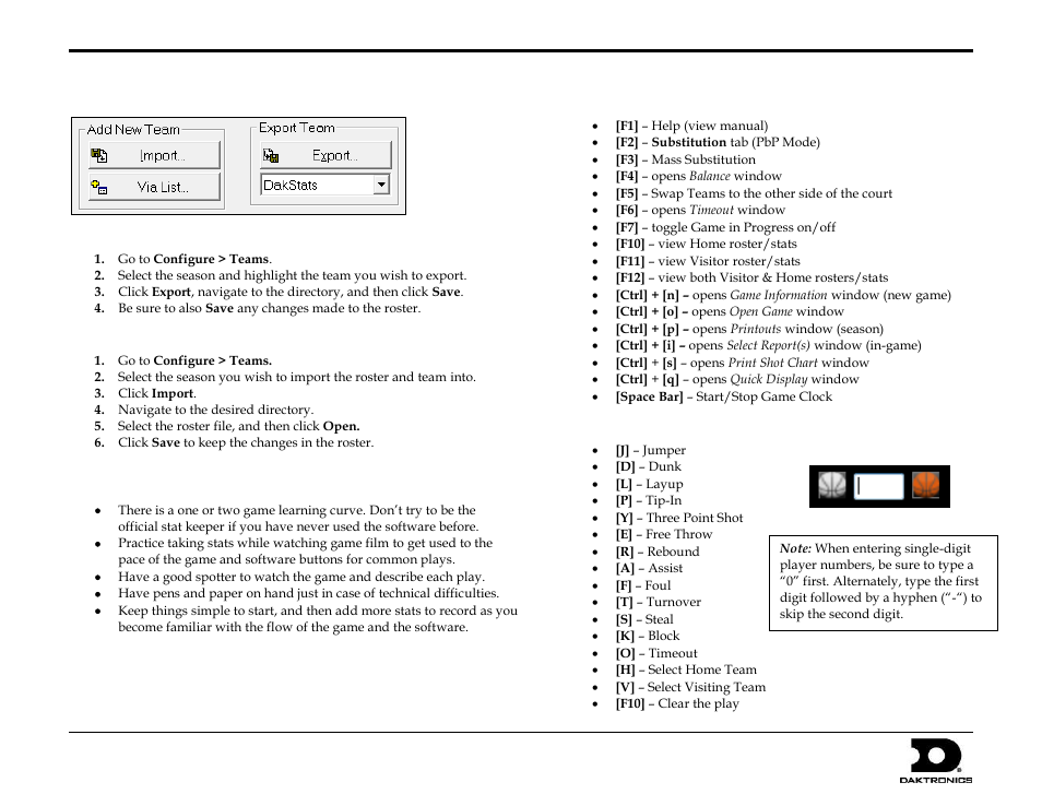 Importing & exporting rosters, Exporting rosters, Importing rosters | Play-by-play / two-click tips & tricks, Keyboard hotkeys, Two-click keystroke entry, Dakstats basketball quick start guide, 9 of 9 | Daktronics DakStats Basketball Quick Start Guide User Manual | Page 9 / 9